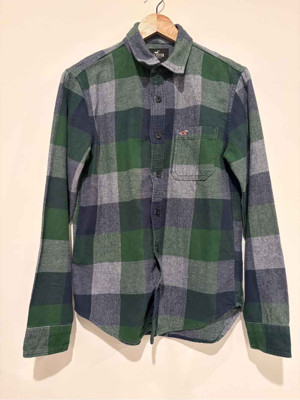 Hollister Size S Green Navy Blue Grey Plaid Check Long Sleeve Flannel Shirt Top